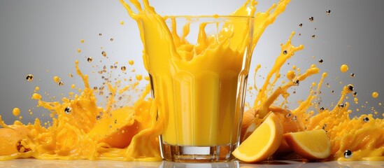 Wall Mural - A glass of mango juice with a splash coming out of the glass on a white background