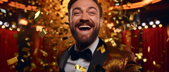 Portrait of a man at a New Years party in elegant evening party outfit. Celebration, people and holidays concept happy man at christmas or new year party stylish glitter outfit. Generative ai