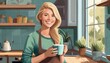 © Marko - young adult woman at home in the kitchen with a cup in hand, coffee or tea, smiling happy relaxed