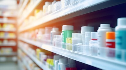 Wall Mural - out of focus, blurry, pharmacy shelves with medicines, jars with pills and bottles with medicines, pharmaceutical concept