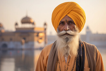 Wall Mural - 
Sikh man in turban, full beard, regal posture, Golden Temple in Amritsar as the backdrop, early morning light