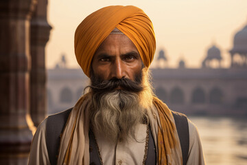 Wall Mural - 
Sikh man in turban, full beard, regal posture, Golden Temple in Amritsar as the backdrop, early morning light