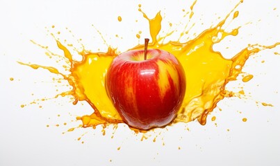 Wall Mural - A ripe red apple surrounded by a vivid yellow paint splash, capturing a burst of freshness.