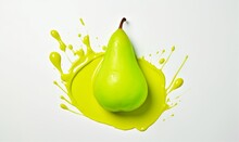 A Fresh Green Pear Amidst A Lively Lime Green Paint Splash On White Canvas, Depicting A Moment Of Dynamic Freshness.