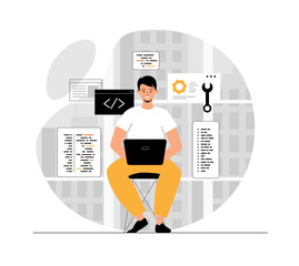 Wall Mural - Software development, programming, coding. Man write code, settings and testing, developing programs and applications. Illustration with people scene in flat design for website and mobile development.