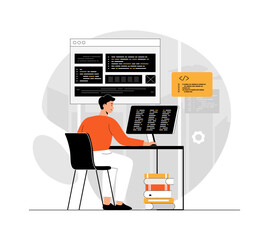 Wall Mural - software development, programming, coding. man programming and writing code, tests and fixes bugs, w