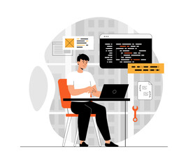 Wall Mural - software development. coding, backend engineering or programming. illustration with people scene in 