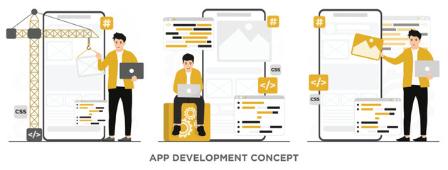 Flat vector software app development programming languages css html it ui programmer concept 