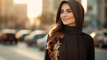 Young Beautiful Muslim Woman In Black Abaya Dress, Luxury Stylish Arabiс Girl Walking Down The Street In Dubai, Hijab, Fashion, Beauty, Religion, Middle East, Lady, Clothes, Glamor, Travel, Smile