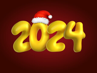 3d 2024 New Year number with Santa red hat. Cartoon xmas banner. 2024 r Holiday Party yellow Font. Vector Illustration