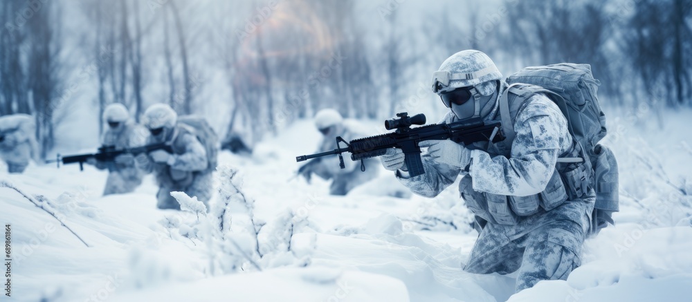 Arctic mountain conflict during winter. Soldiers in cold weather ...