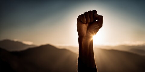 Clenched Fist In The Air. Male hand raises clenched fist of solidarity. Protester holding hand up over dramatic sky. hand rising up, arabian or middle east background. Triumph or defiance, against sky