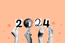 New Year Art Collage Banner With Halftone Hands Holding Disco Ball And Cut Out Numbers Isolated On Peach Fuzz Trendy Background. Color Of The Year2024 . Modern Retro Vector Illustration