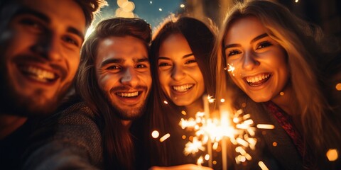 Wall Mural - Group of happy friends having fun with sparklers outdoor on winter night on shiny celebration background.