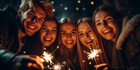 Poster - Group of happy friends having fun with sparklers outdoor on winter night on shiny celebration background.