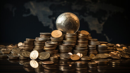 Wall Mural - globe with a growing stack of coins beside it, illustrating the influence of finance and economy on the world Focus on the interplay between the global scale