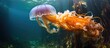A large stinging jellyfish called Lion's mane (Cyanea capillata) swims near a Monterey kelp forest, its tentacles growing over 100 ft.