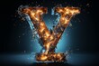 Volumetric capital letter Y made of metal. Effect of metal heated for forging, with flames, sparks and smoke. Workpiece for spectacular 3D text. Mockup. Isolated on black.