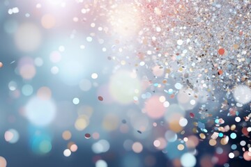 Blurred silver background with confetti and sparkles, bright colorful background