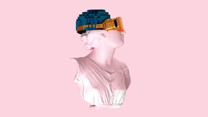 Wall Mural - 3D glitch of the head of a young woman with VR glasses. NFT concept. 3D animation. 4K. Ultra high definition. 3840x2160.