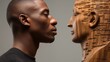 a young african man looking at an intricately carved wooden sculpture face to face