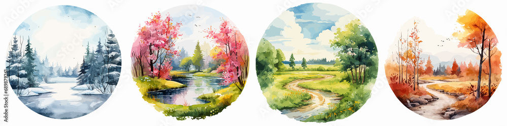 Four seasons watercolor illustration. Tree in four times of year. 4 ...