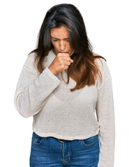 Sticker - Beautiful hispanic woman wearing casual sweater feeling unwell and coughing as symptom for cold or bronchitis. health care concept.