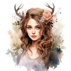 Wall Mural - Beautiful young woman with long wavy hair and deer antlers. Watercolor illustration