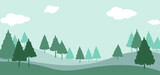 Fototapeta Las - Graphic illustration of a green landscape with trees and cloud.