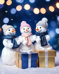 Snowman family with gift box on bokeh background. Christmas and New Year concept.