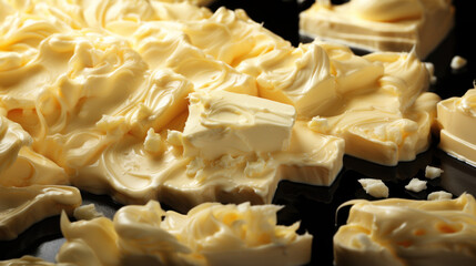 Pieces of delicious homemade butter, closeup. Cooking process.