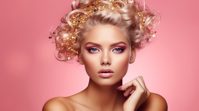 pink woman skin. beauty fashion model girl with gold pink metallic make up, hair and jewellery on pi