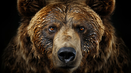 Wall Mural - Front view of brown bear isolated on black background. generative ai