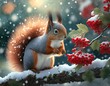 Cute fluffy furry squirrel bear sitting on a rowan tree branch in winter. Red rowan fruits, snowflakes falling. 
