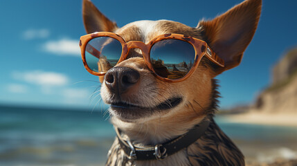 Wall Mural - funny chihuahua dog posing on a beach in sunglasses. generative ai