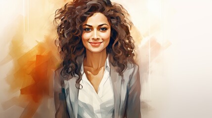 Smiling Adult Indian Woman with Brown Curly Hair Watercolor Illustration. Portrait of a Business person on minimalistic office background. Watercolor Drawing. Ai Generated Horizontal Illustration.