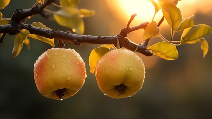 Wall Mural - A pair of Quinces with a defocussed natural backdrop hanging on a branch - AI Generative