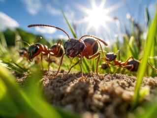 Canvas Print - A group of ants standing on top of a pile of dirt. Generative AI.