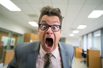 Canvas Print - A man in a suit and tie with a surprised look on his face. Generative AI.