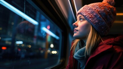 Wall Mural - A woman looking out the window of a train. Generative AI.