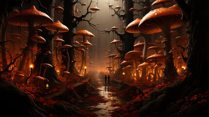 Glowing magic mushroom forest