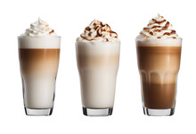Three different latte macchiato isolated on transparent background