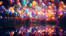 A Whimsical Scene Of Balloons Floating Above A Reflective Surface, Creating A Mesmerizing Interplay Of Colors And Bokeh Lights.