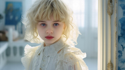 Wall Mural - An indoor portrait of a fresh faced young female child model with blond hair, a pale complexion and wearing a white lacy top.