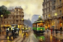 Oil Paintings Landscape, Old Cars And Old Tram, Street In The City, View Of The Town Country. Artwork, Fine Art