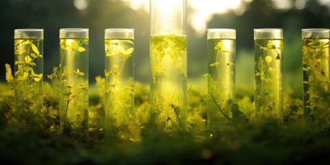 Sticker - A row of test tubes filled with water and plants. Generative AI.