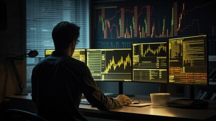 A man sitting at a desk in front of three computer screens. Generative AI.