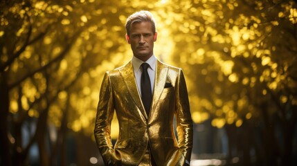 Canvas Print - A man in a gold suit standing in a park. Generative AI.