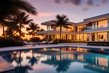 Luxury Mansion House Villa Florida Usa Miami Building With Garden And Pool. Traveling Concepts