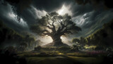 Fototapeta  - Ominous Vigil: The Tree of Knowledge of Good and Evil in Eden's Twilight